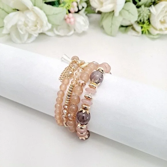 Boho Elastic Beaded gold pink Charm Bracelet Stretch multilayer set 💖2/$30 - Picture 5 of 11